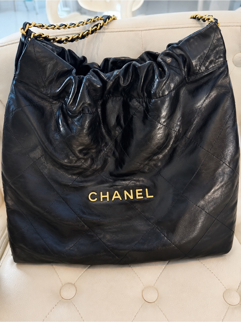 Inspired Black Quilted Leather Shoulder Bag with Gold Chain tote bag